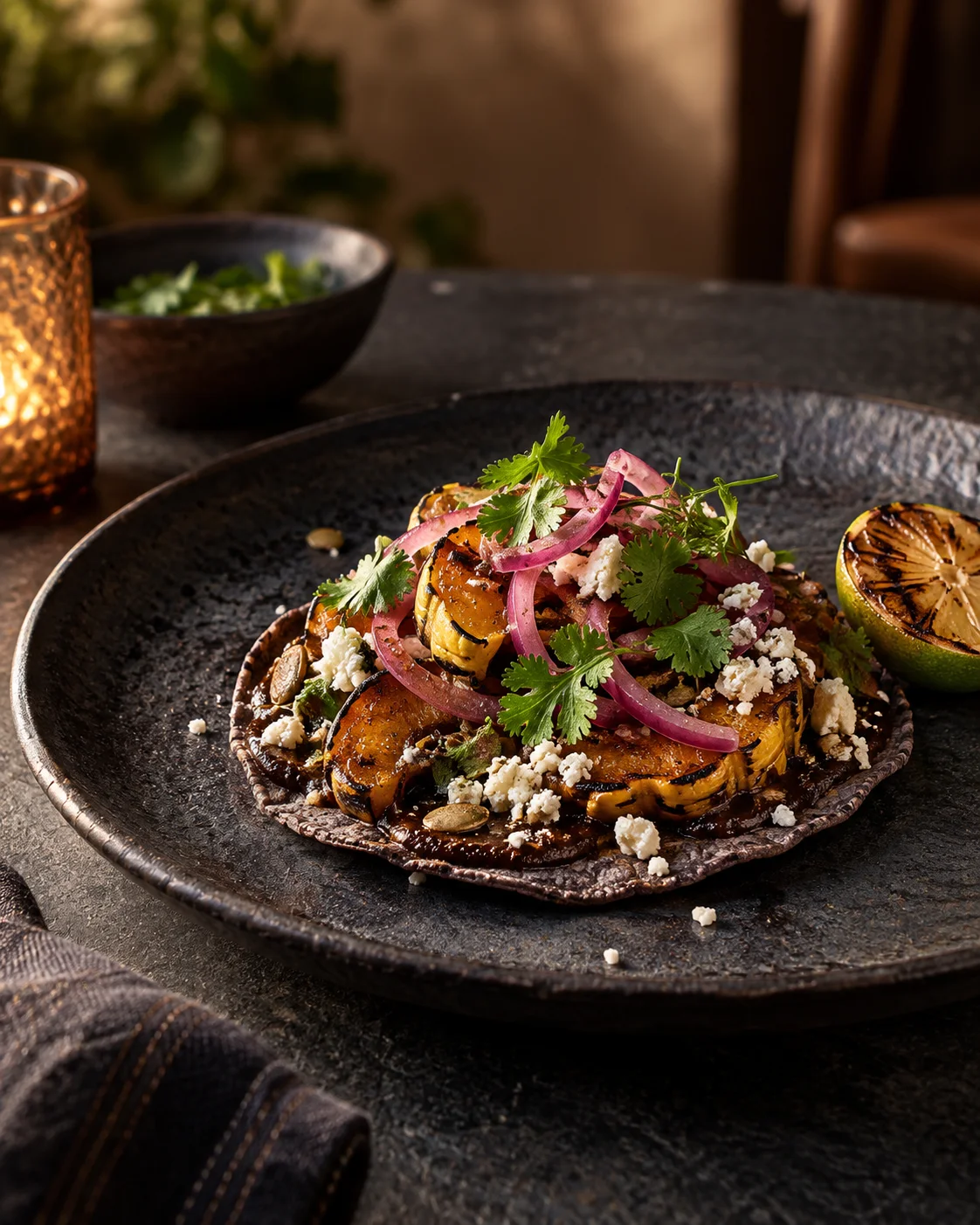 Blue-corn tostada with charred vegetables, mole, herbs, and grilled lime
