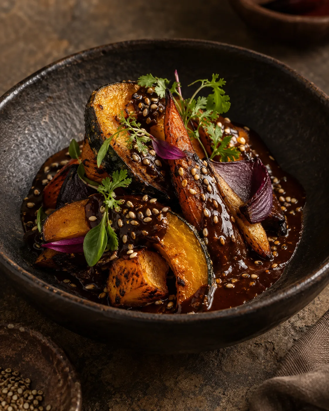 Roasted seasonal vegetables glazed with dark mole and sesame