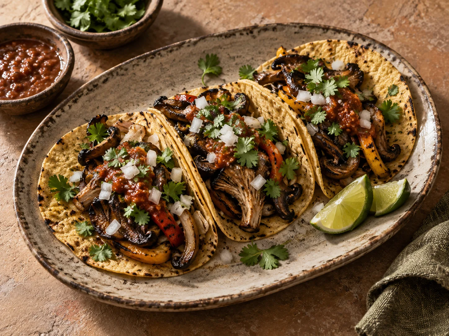 Charcoal-grilled mushroom and vegetable tacos with salsa and lime